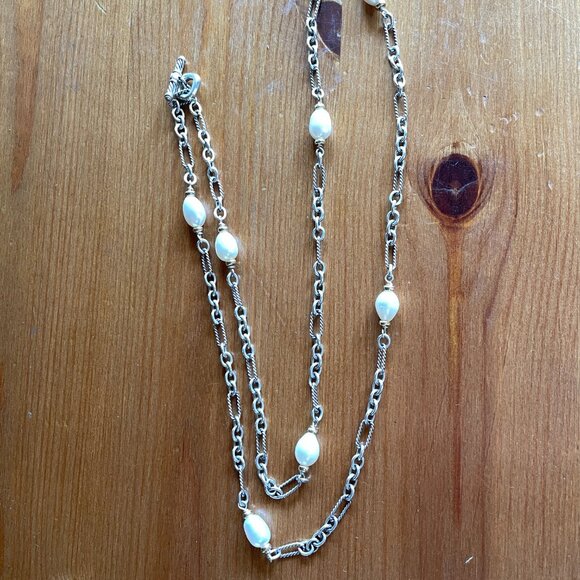 VTG David Yurman Figaro Chain Silver and Gold Pearl Necklace - 36 inches - Picture 9 of 16